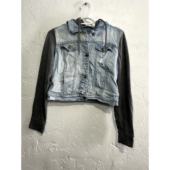 Hollister cropped denim jean jacket womens small y2k 2000s trendy rocker punk - Picture 1 of 7
